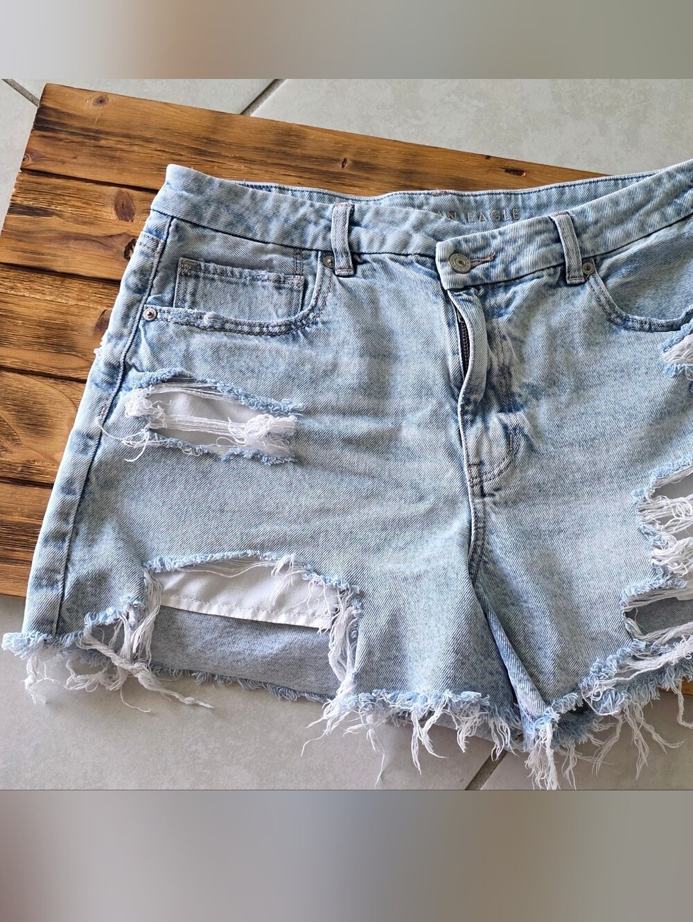Light Blue Distressed Denim Shorts - Women